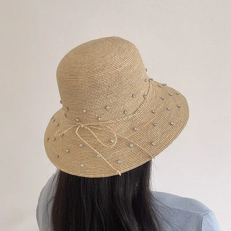 Handmade Laffey Grass Pearl Beaded Fishing Cap Summer Sun Protection Hat Beach Sand Beach Hat Women's Fashionable Lace Net Cap