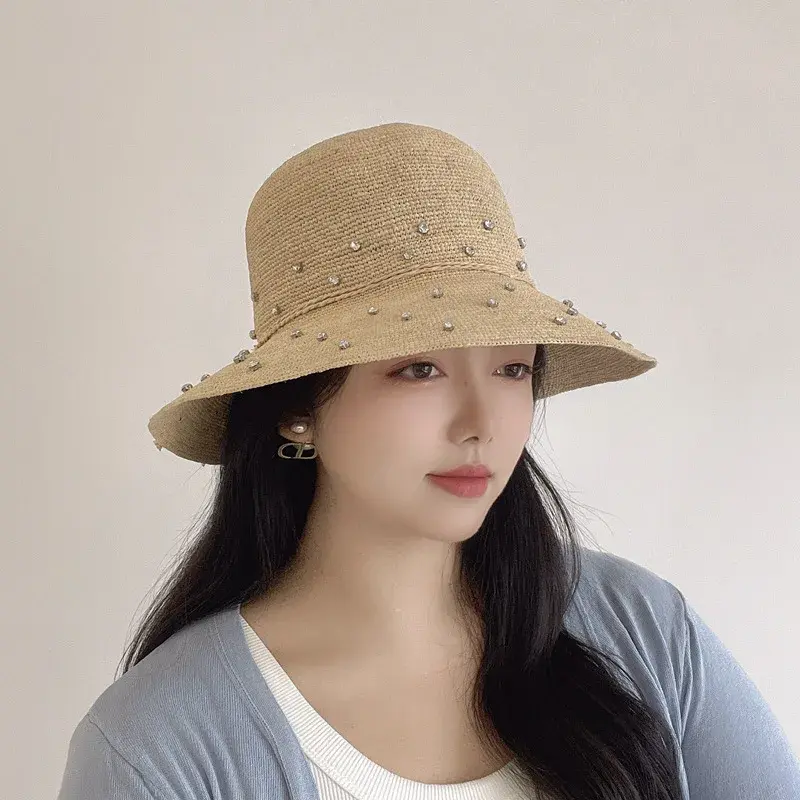 Handmade Laffey Grass Pearl Beaded Fishing Cap Summer Sun Protection Hat Beach Sand Beach Hat Women's Fashionable Lace Net Cap