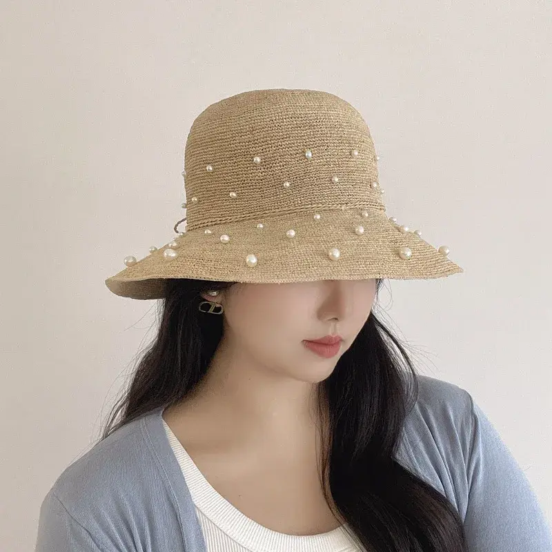 Handmade Laffey Grass Pearl Beaded Fishing Cap Summer Sun Protection Hat Beach Sand Beach Hat Women's Fashionable Lace Net Cap
