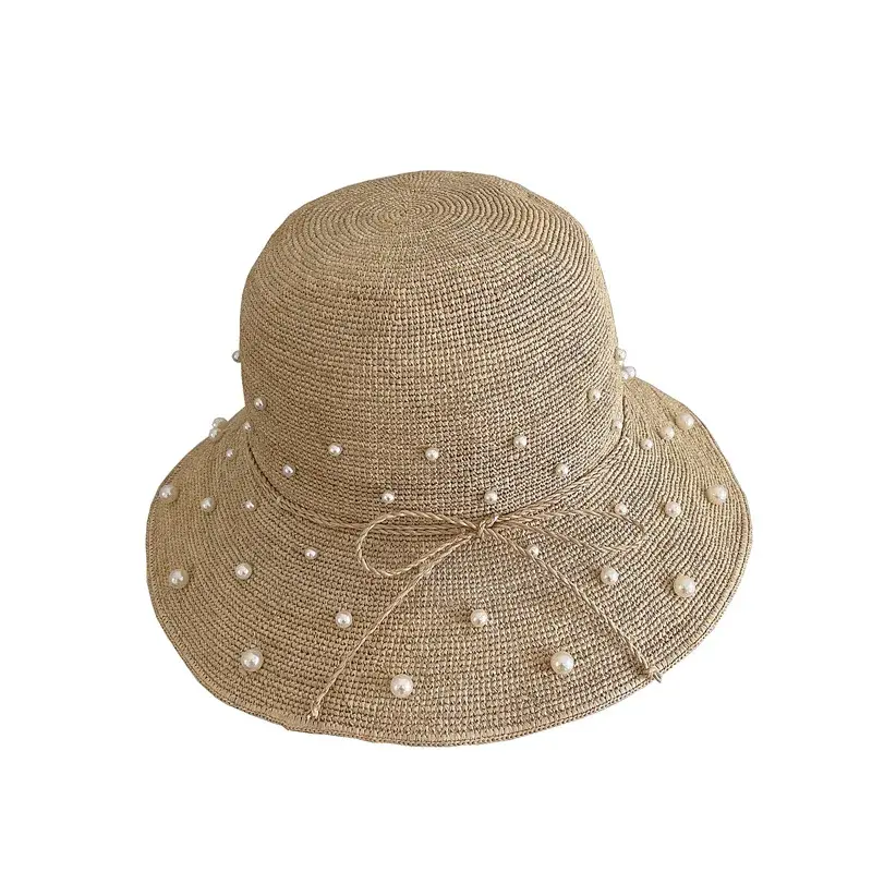 Handmade Laffey Grass Pearl Beaded Fishing Cap Summer Sun Protection Hat Beach Sand Beach Hat Women's Fashionable Lace Net Cap