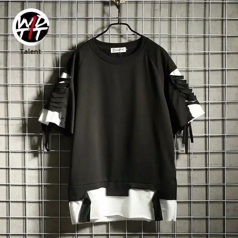 Trendy Korean Style Loose Fit Short Sleeve T-Shirt For Men Summer Hip Hop Woven Belt Cross-Border One-Piece Delivery