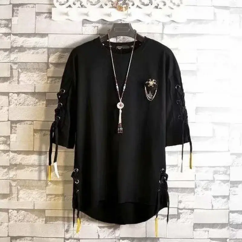 Trendy Korean Style Loose Fit Short Sleeve T-Shirt For Men Summer Hip Hop Woven Belt Cross-Border One-Piece Delivery