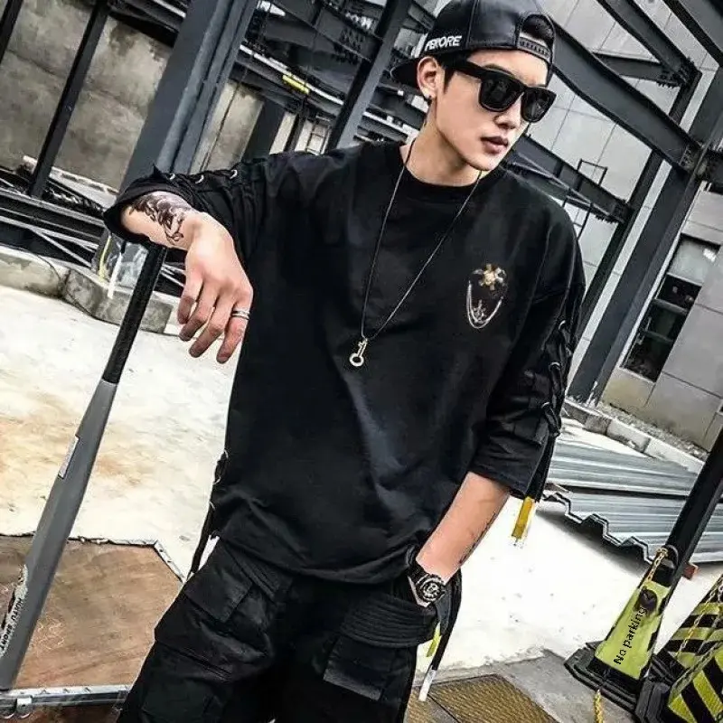 Trendy Korean Style Loose Fit Short Sleeve T-Shirt For Men Summer Hip Hop Woven Belt Cross-Border One-Piece Delivery
