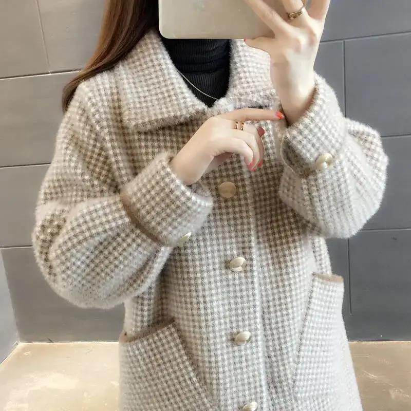 Autumn Winter Golden Mink Knitted Cardigan Women's Clothing Sweater Medium-length Thick Loose-fit Overcoat Jacket Woolen Plaid
