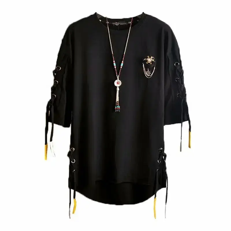 Trendy Korean Style Loose Fit Short Sleeve T-Shirt For Men Summer Hip Hop Woven Belt Cross-Border One-Piece Delivery