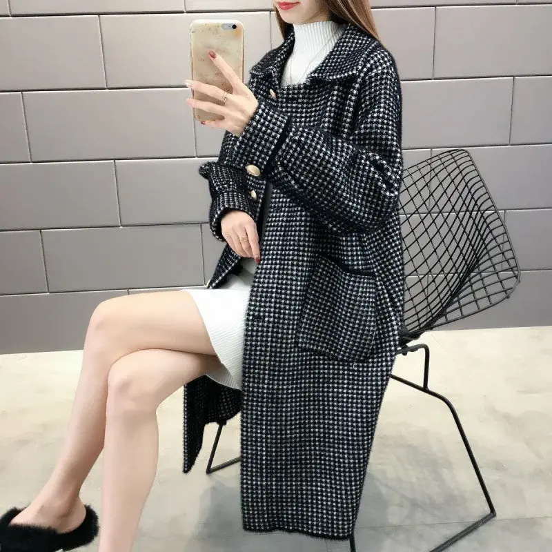Autumn Winter Golden Mink Knitted Cardigan Women's Clothing Sweater Medium-length Thick Loose-fit Overcoat Jacket Woolen Plaid
