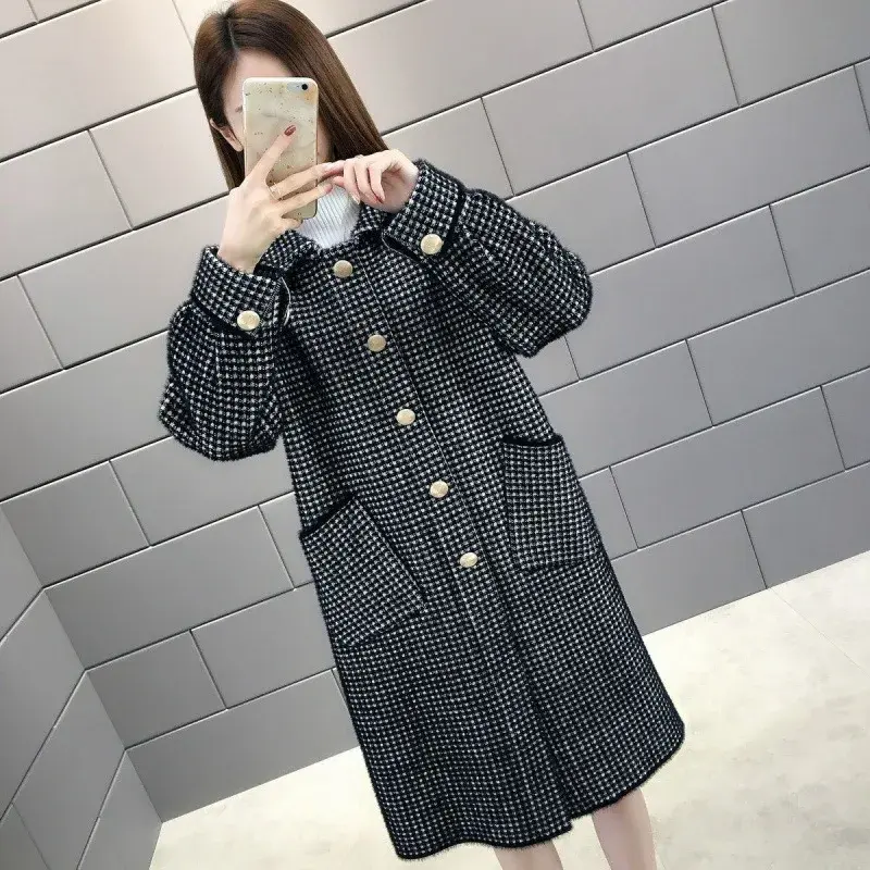 Autumn Winter Golden Mink Knitted Cardigan Women's Clothing Sweater Medium-length Thick Loose-fit Overcoat Jacket Woolen Plaid