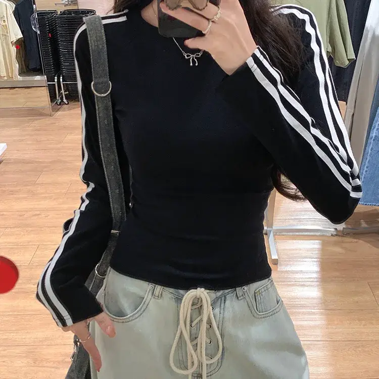 Korean Style Slim Fit Niche Design Sensibility Pure Desire Aesthetic Long Sleeve Round Neck T-Shirt Versatile Base Layer Top For