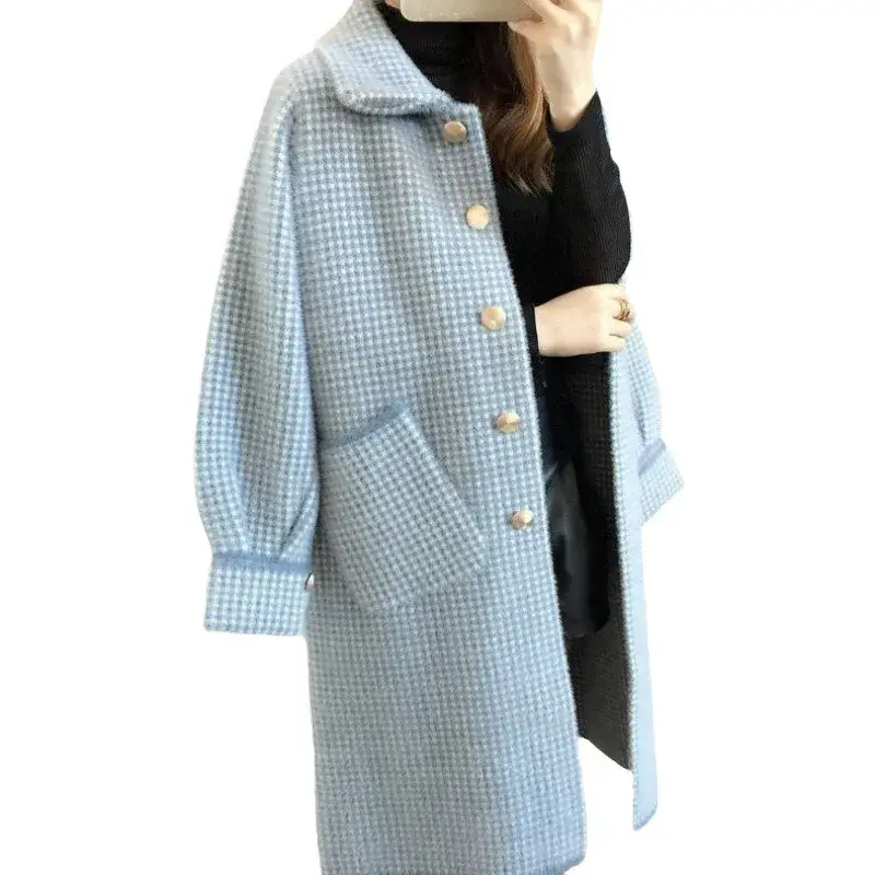 Autumn Winter Golden Mink Knitted Cardigan Women's Clothing Sweater Medium-length Thick Loose-fit Overcoat Jacket Woolen Plaid