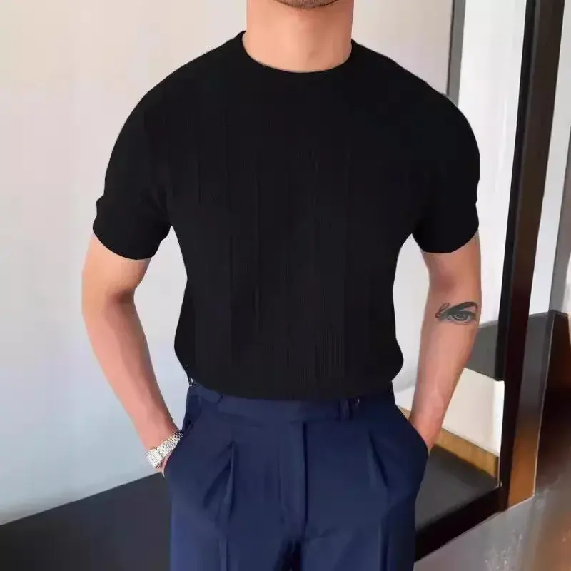 Luxury Knit T-shirt Men's Summer New Style Round Neck Short Sleeves Thin Korean Version Base Layer Top Knitwear