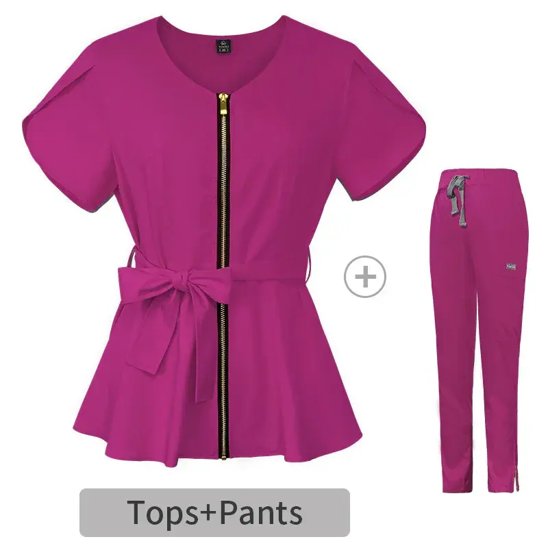 Hospital Short Sleeve Scrub Top And Bottom Set Women's Elastic Waist Band Surgical Scrub Uniform with Hand Washing Design