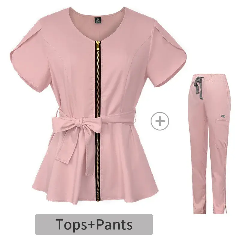 Hospital Short Sleeve Scrub Top And Bottom Set Women's Elastic Waist Band Surgical Scrub Uniform with Hand Washing Design