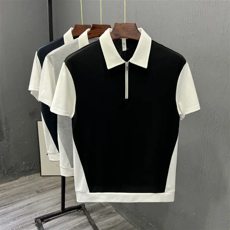 Fashionable Half-zipped Men's Polo Shirt Casual Color Block Short Sleeves Summer Trendy Lightweight Style Men's T-shirt
