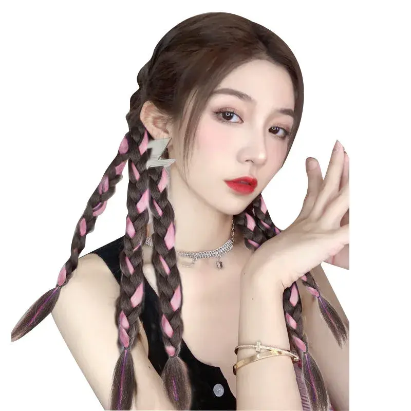 Trendy Girls Long Dye Highlighted Twist Braid Fake Hair Tail Asian Fiber High Ponytail Fishbone Braid Hair Extensions