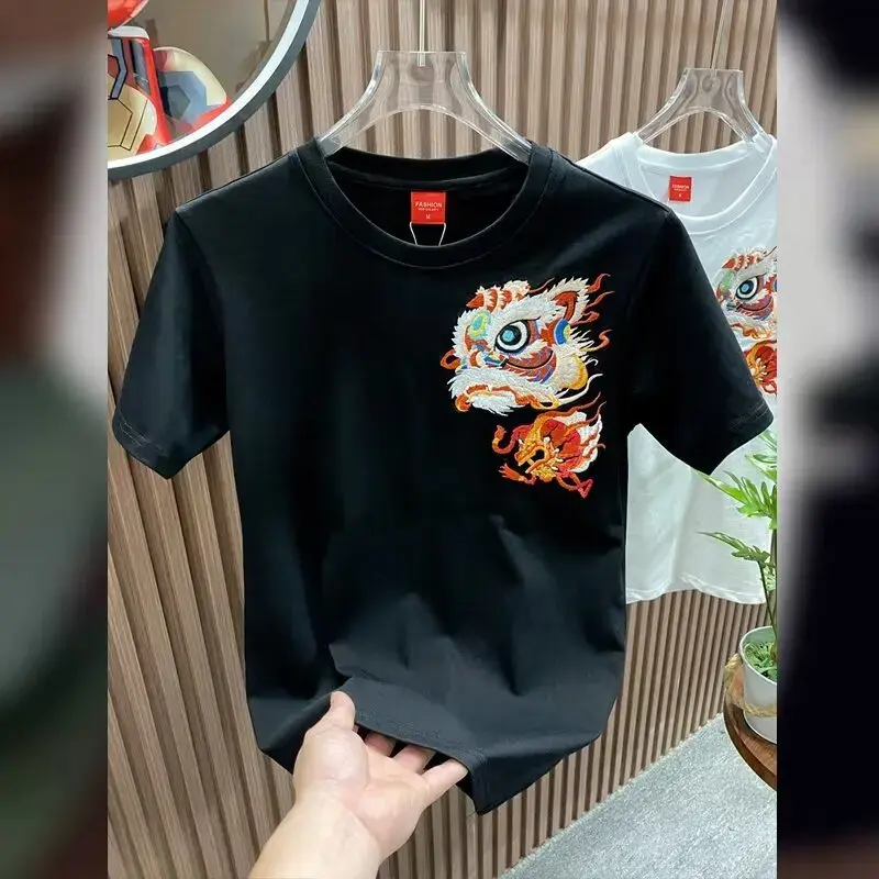 Guotrendy Embroidered Men's Short Sleeve T-shirt Loose Fit Round Neck Top Summer Heavy Shoulder Body Art T-shirt