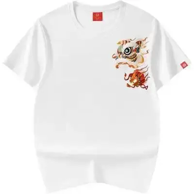 Guotrendy Embroidered Men's Short Sleeve T-shirt Loose Fit Round Neck Top Summer Heavy Shoulder Body Art T-shirt