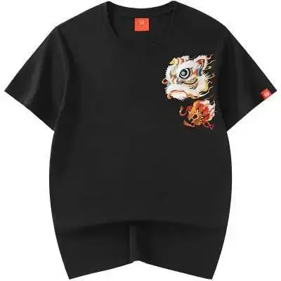 Guotrendy Embroidered Men's Short Sleeve T-shirt Loose Fit Round Neck Top Summer Heavy Shoulder Body Art T-shirt
