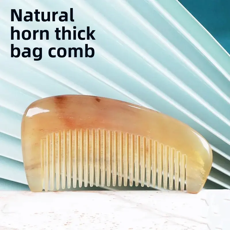 Natural Yellow Bull Horn Comb Thickened Portable Women's Comb Fine Tooth For Long Hair Engraved Chinese Characters Hair Salon Pr