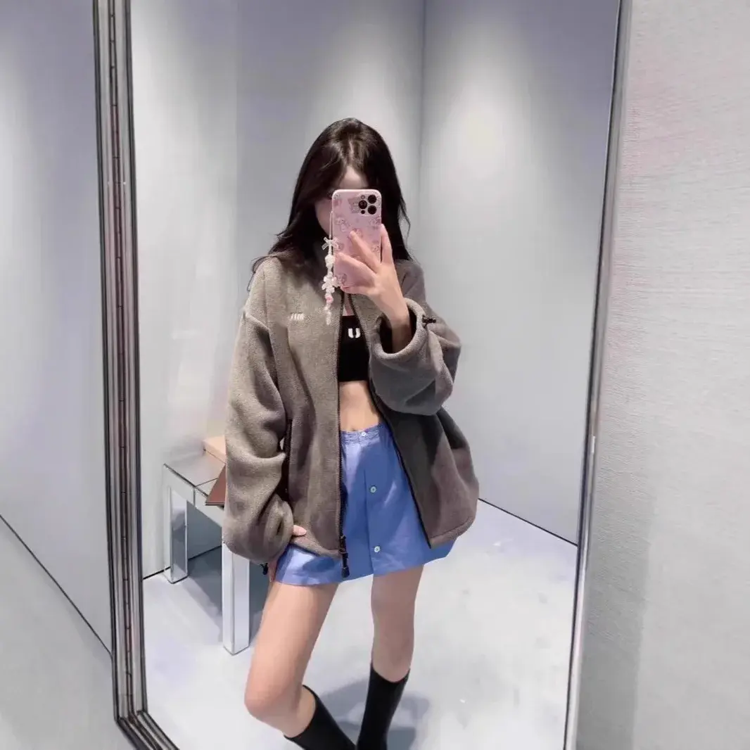 2024 Autumn/Winter New Fashionable Simple Letter Embroidery Badge Grey Tweed Loose-Fit Jacket Couple Jacket Trendy