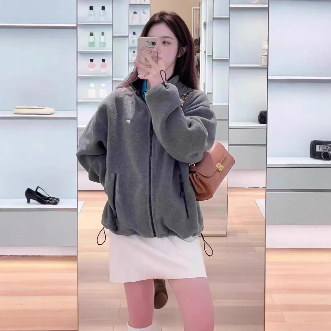 2024 Autumn/Winter New Fashionable Simple Letter Embroidery Badge Grey Tweed Loose-Fit Jacket Couple Jacket Trendy