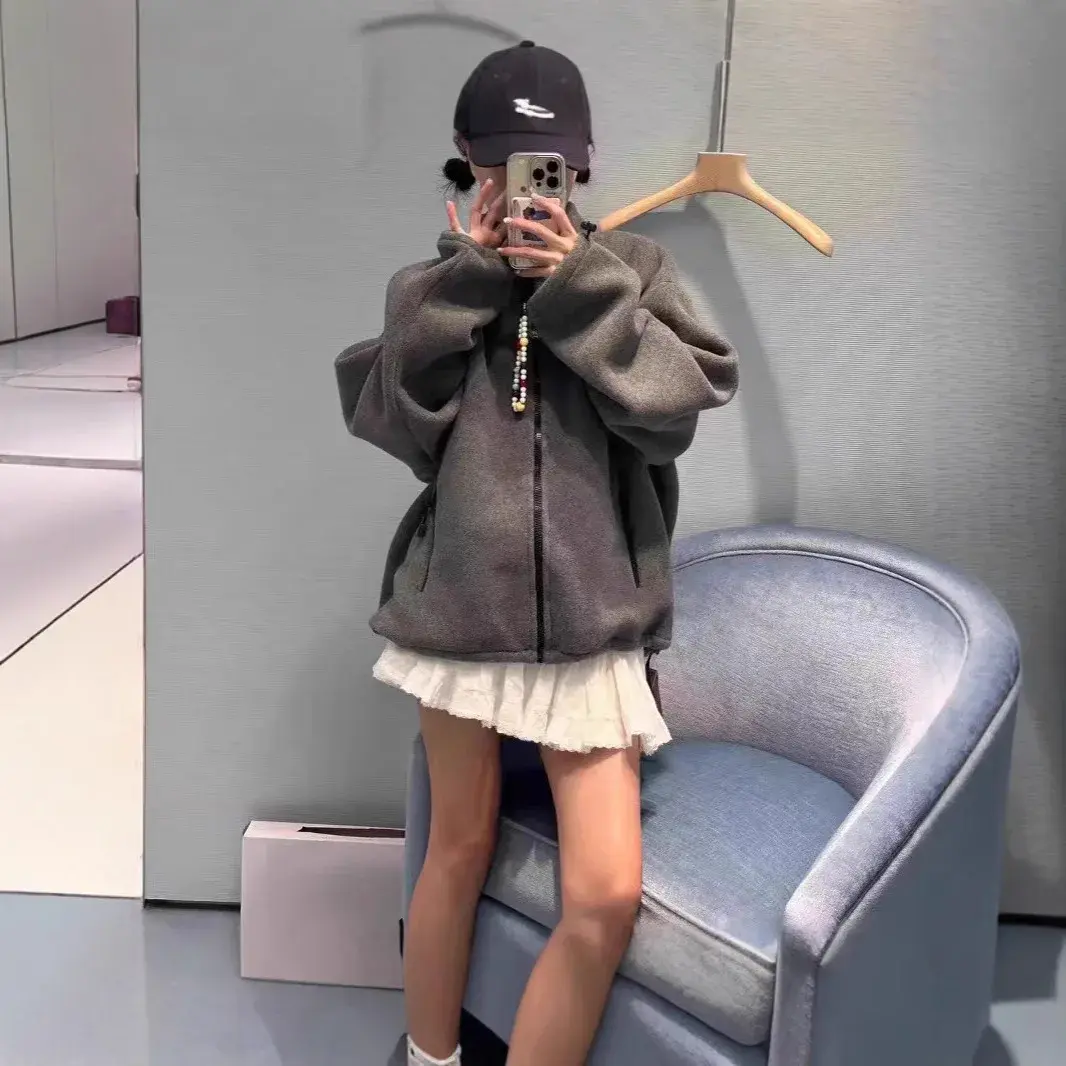 2024 Autumn/Winter New Fashionable Simple Letter Embroidery Badge Grey Tweed Loose-Fit Jacket Couple Jacket Trendy