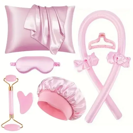 New Silk Sleep Hat And Eye Mask Set for Women Lazy Girl Hair Curling Iron Home Use Fake Hair Extensions Black Women Curly Hair T