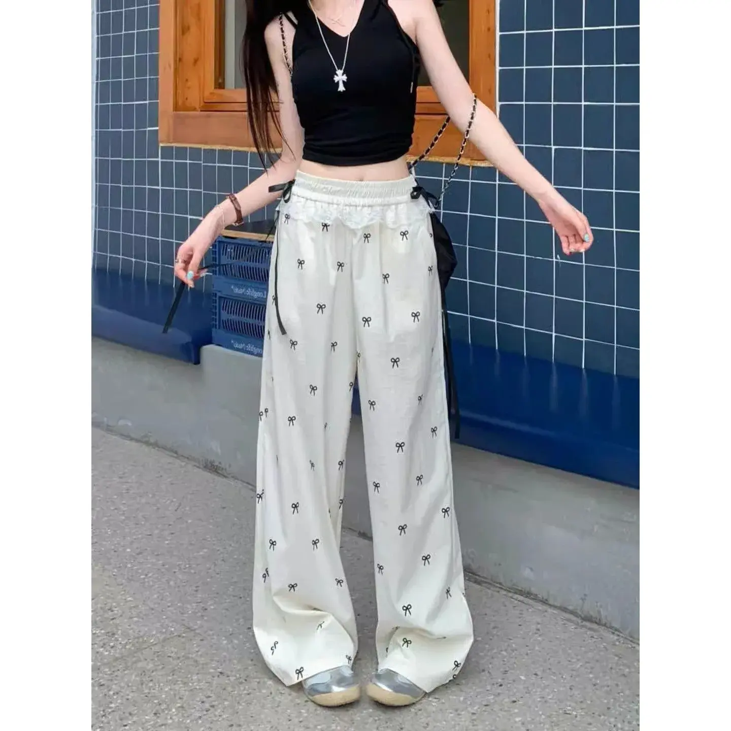 Sweet And Spicy Girl Lace Trim Casual Pants Butterfly Knot Wide Leg Straight Cut Trousers Loose Elastic Waist Summer Women's Jea