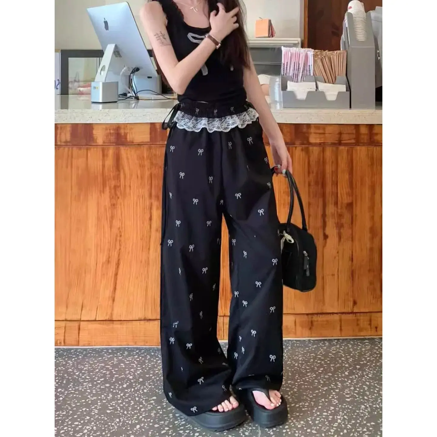 Sweet And Spicy Girl Lace Trim Casual Pants Butterfly Knot Wide Leg Straight Cut Trousers Loose Elastic Waist Summer Women's Jea
