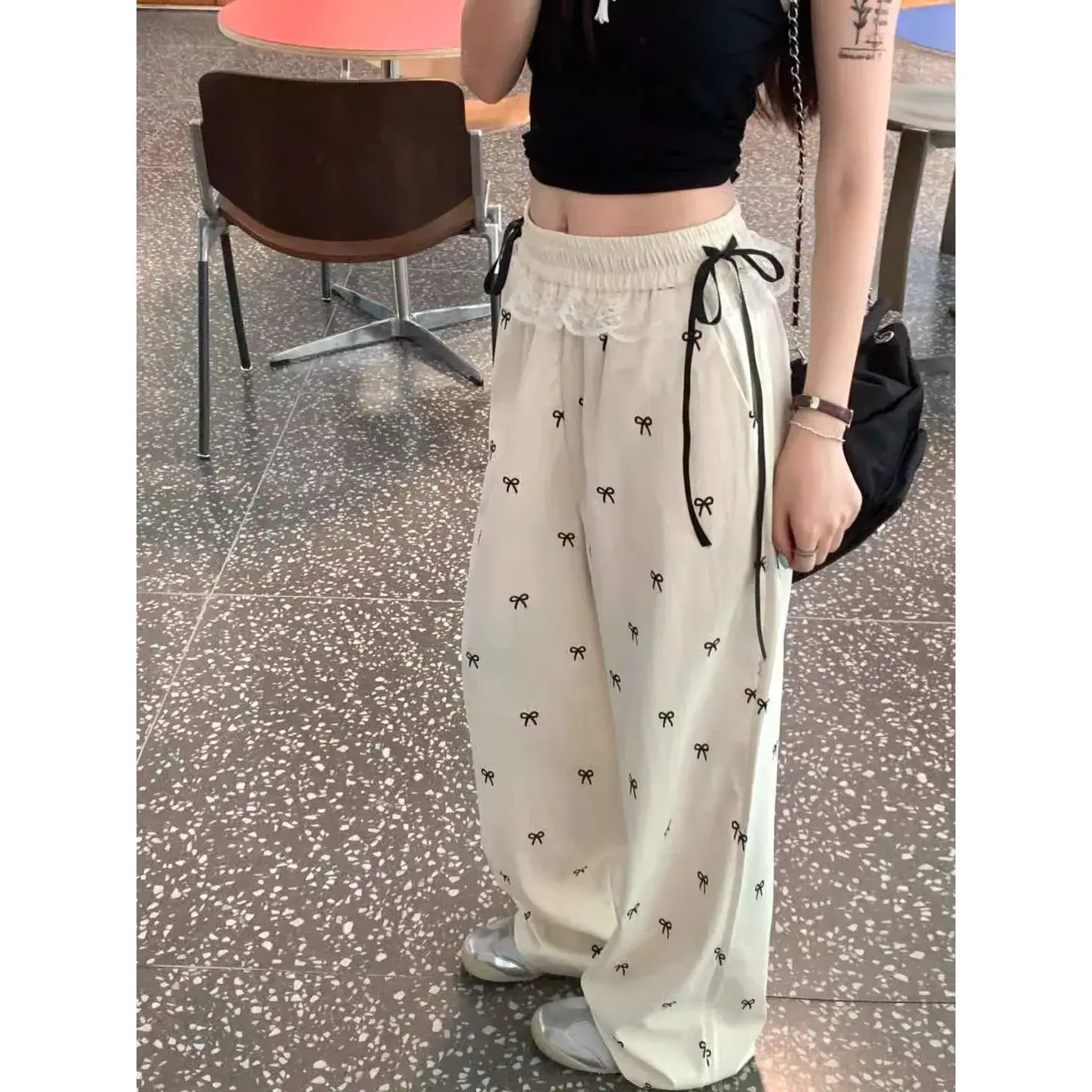 Sweet And Spicy Girl Lace Trim Casual Pants Butterfly Knot Wide Leg Straight Cut Trousers Loose Elastic Waist Summer Women's Jea