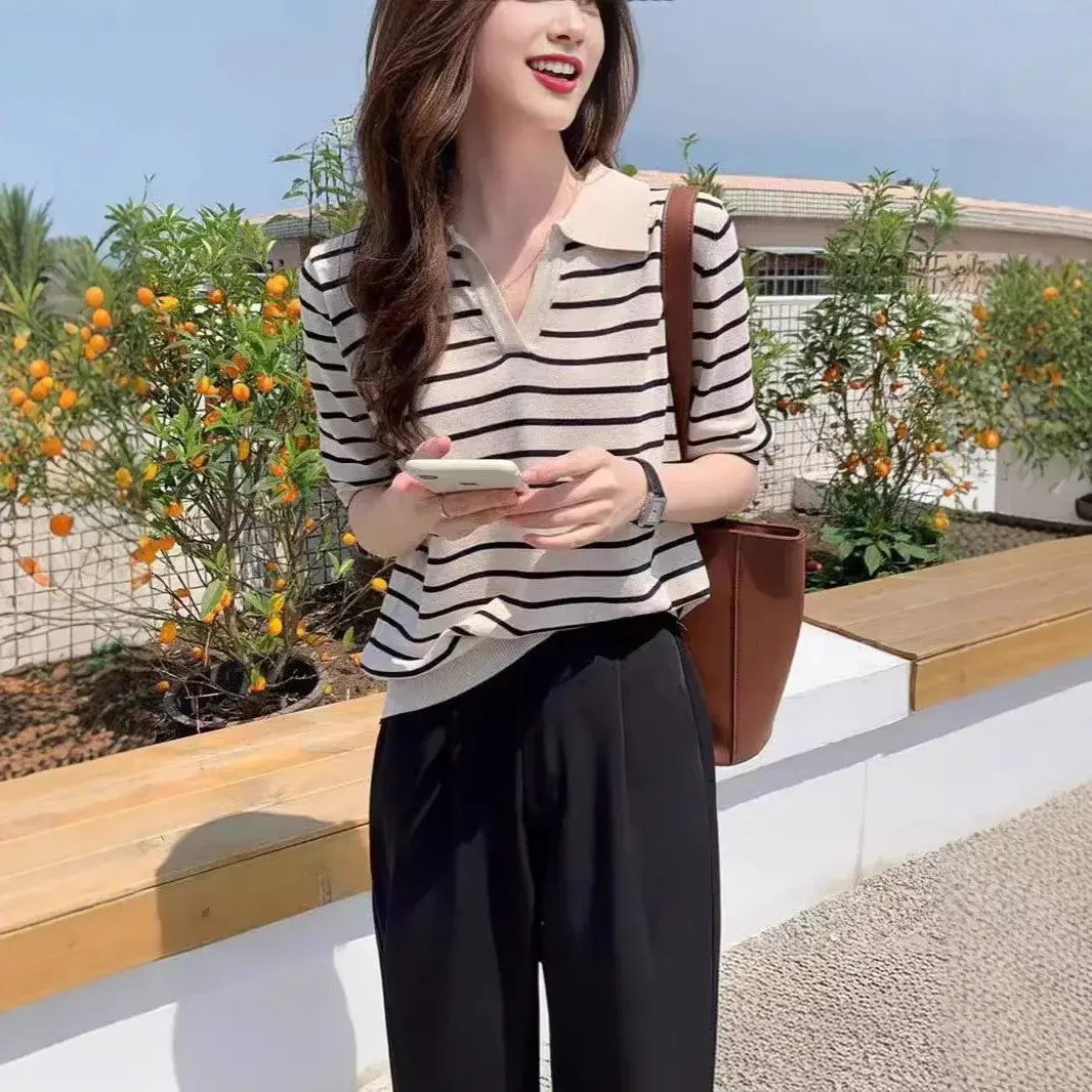 Summer New Polo Collar Striped Knitted T Shirt Women's Loose V Neck Flip Korean Style Simple Design Top Polyester Fiber