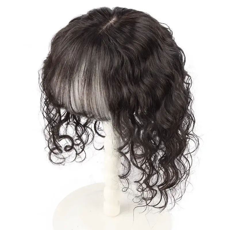 Women's Curling Wig Piece Top Cover Grey Hair Volumizing Natural Seamless Long-lasting Permed Real Hair Extension Piece