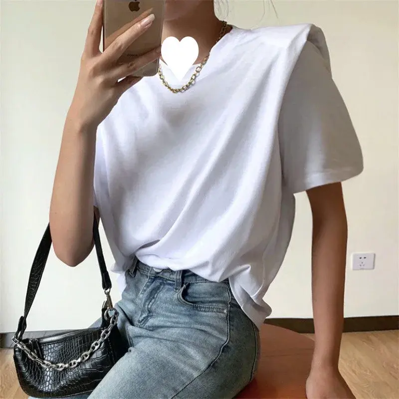 Elegant Design Sensibility Women's Short Sleeve T-Shirt 2022 Spring Summer Loose Fit White Straight Angle Shoulder Pad Top