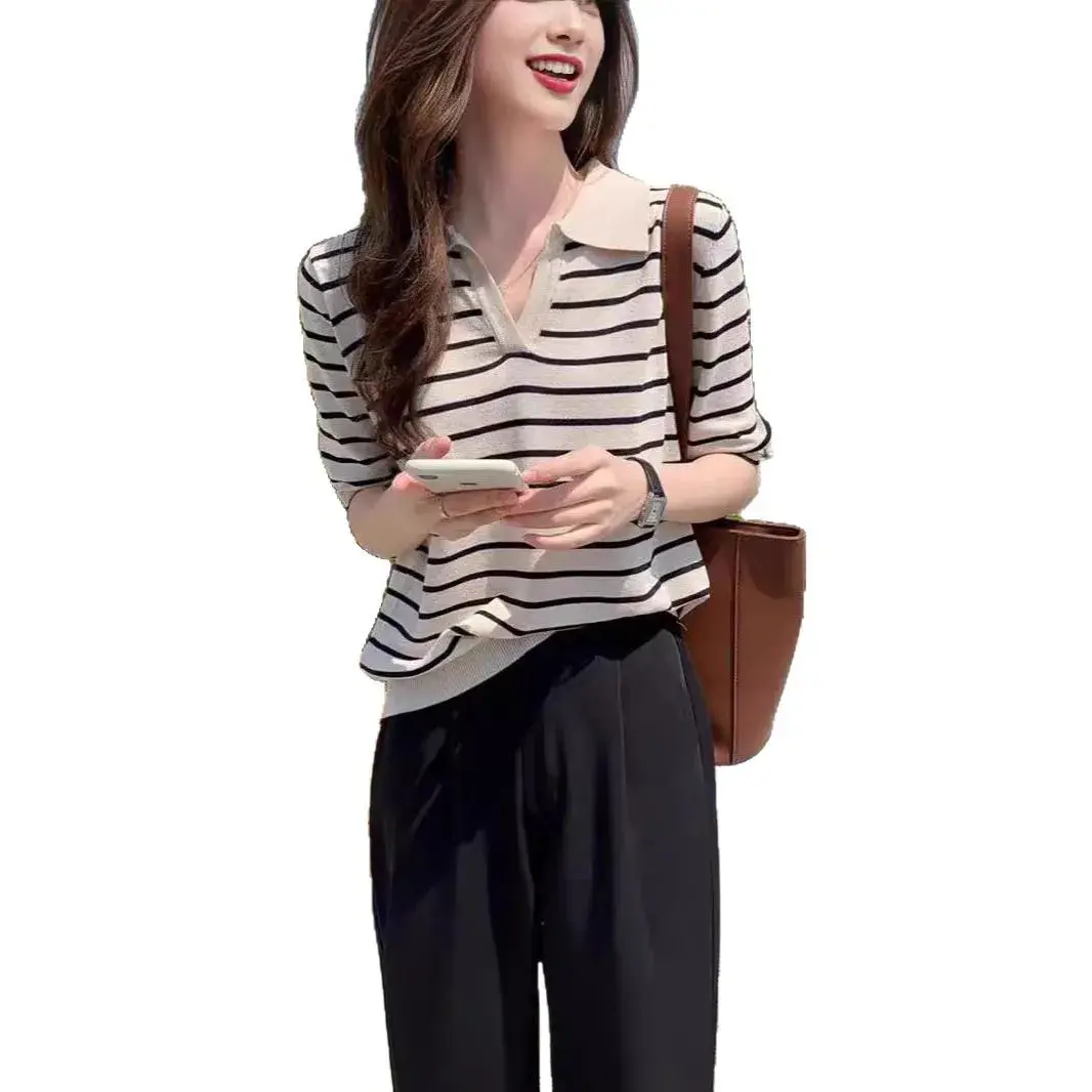 Summer New Polo Collar Striped Knitted T Shirt Women's Loose V Neck Flip Korean Style Simple Design Top Polyester Fiber