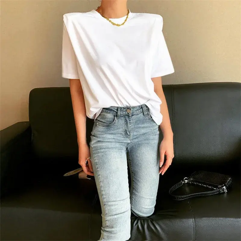 Elegant Design Sensibility Women's Short Sleeve T-Shirt 2022 Spring Summer Loose Fit White Straight Angle Shoulder Pad Top