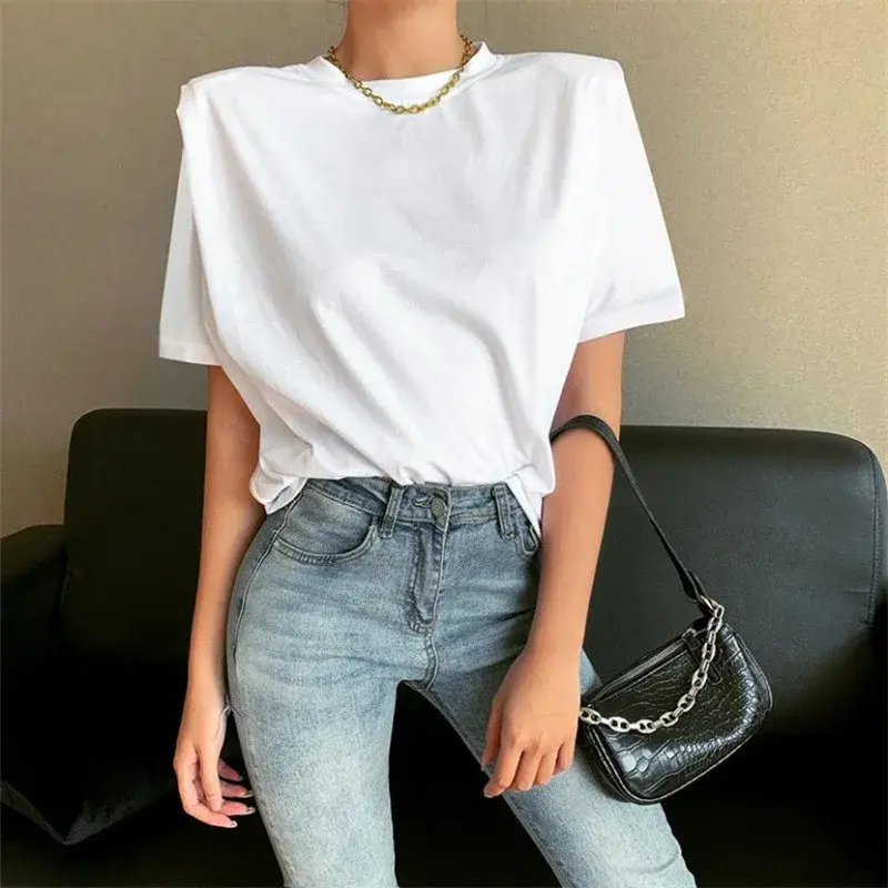 Elegant Design Sensibility Women's Short Sleeve T-Shirt 2022 Spring Summer Loose Fit White Straight Angle Shoulder Pad Top