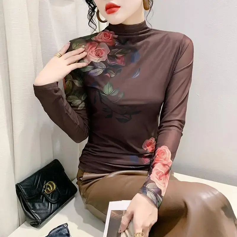 Fashionable Polo/Turtle Neck Long Sleeve Net Yarn Positional Printing T-Shirt Women's Slimming Base Layer Top Trendy Autumn Coll