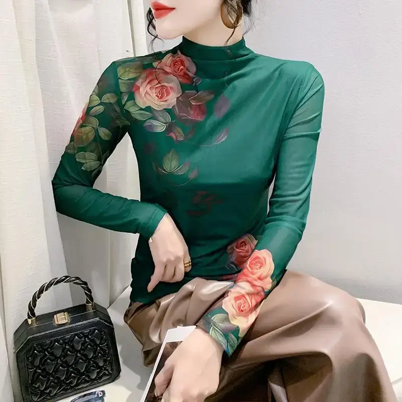 Fashionable Polo/Turtle Neck Long Sleeve Net Yarn Positional Printing T-Shirt Women's Slimming Base Layer Top Trendy Autumn Coll