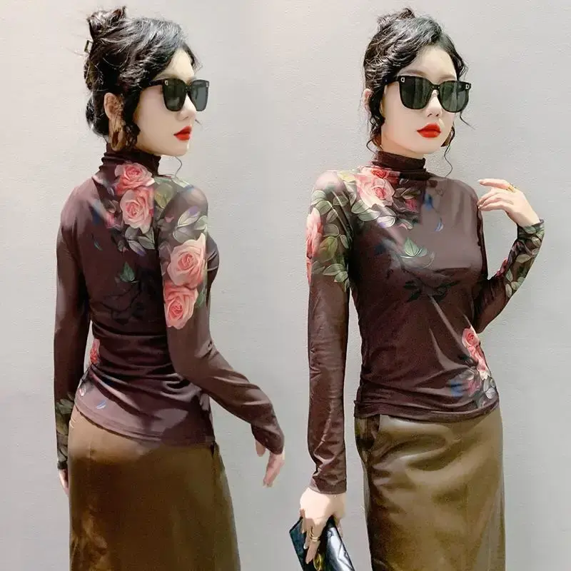 Fashionable Polo/Turtle Neck Long Sleeve Net Yarn Positional Printing T-Shirt Women's Slimming Base Layer Top Trendy Autumn Coll