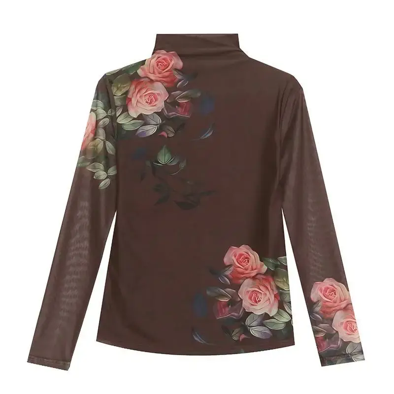 Fashionable Polo/Turtle Neck Long Sleeve Net Yarn Positional Printing T-Shirt Women's Slimming Base Layer Top Trendy Autumn Coll