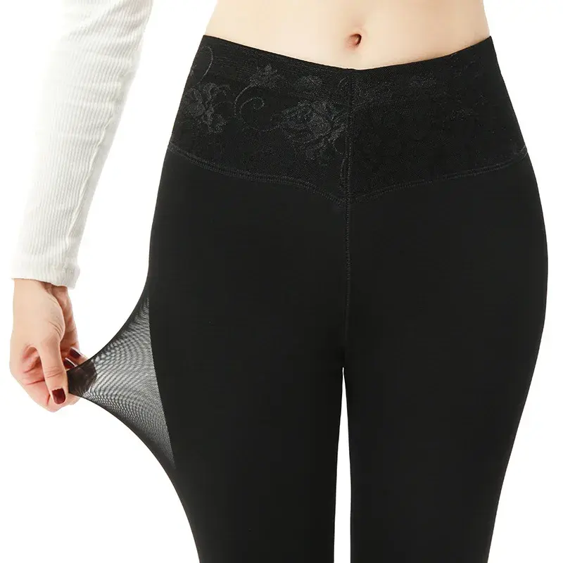 Thickened Fleece Lined Mesh Base Layer Pants High Waist Women's Style Autumn Winter Warm Slimming Super Soft Female Pants