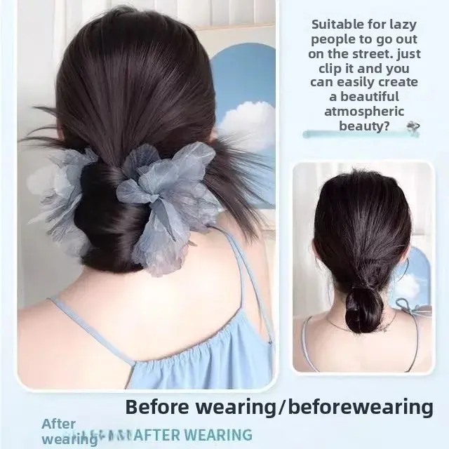 Low Bun Hairpiece Women's Lazy Style Puffy Ancient Chinese Flowered Hair Clip Synthetic Fiber Tail Asian Hair Extensions