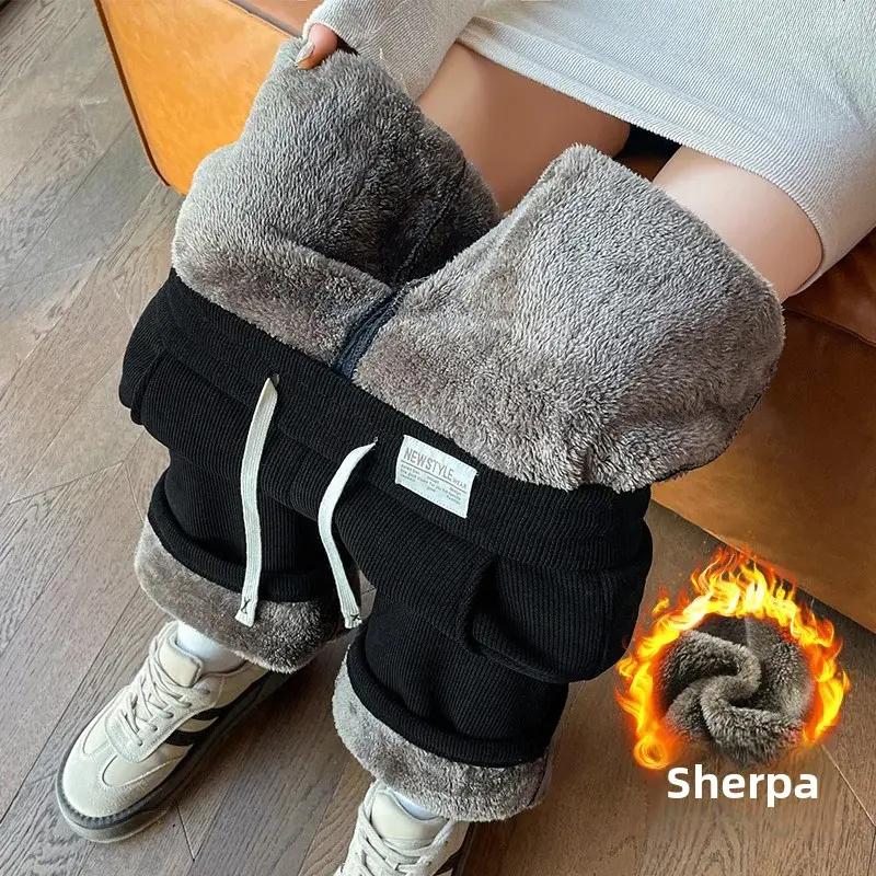 Women's Thickened Lamb Velvet Wide Leg Pants Autumn Winter Corduroy Straight Cut Thermal Sweatpants plus Size Comfortable Trouse