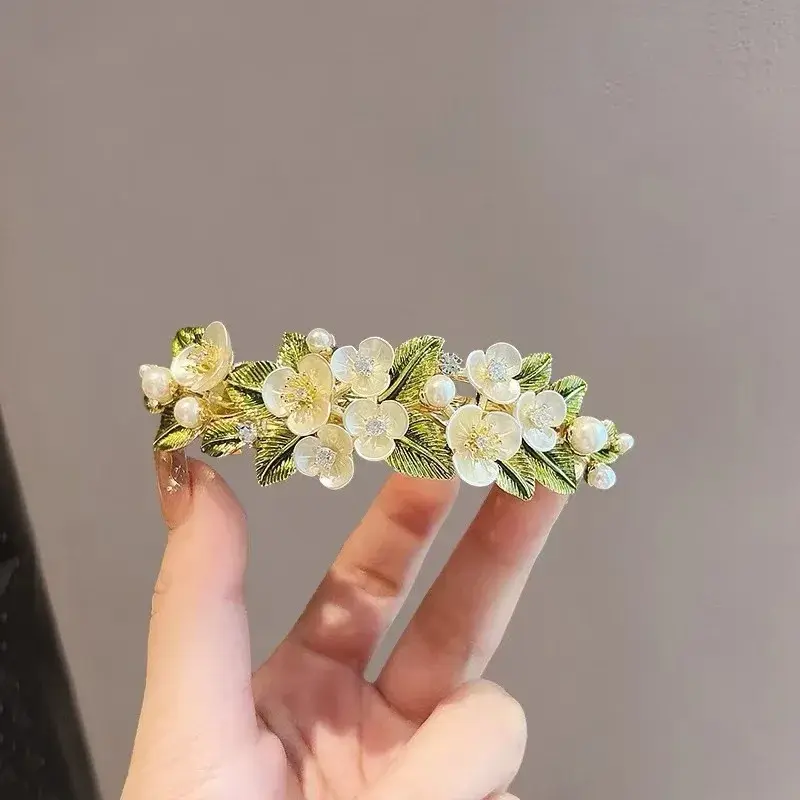 Spring New Pearl Shell Flower Women Top Clip Horizontal Hair Card Medium Rhinestone Spring Clamp Elegance Tail Clip