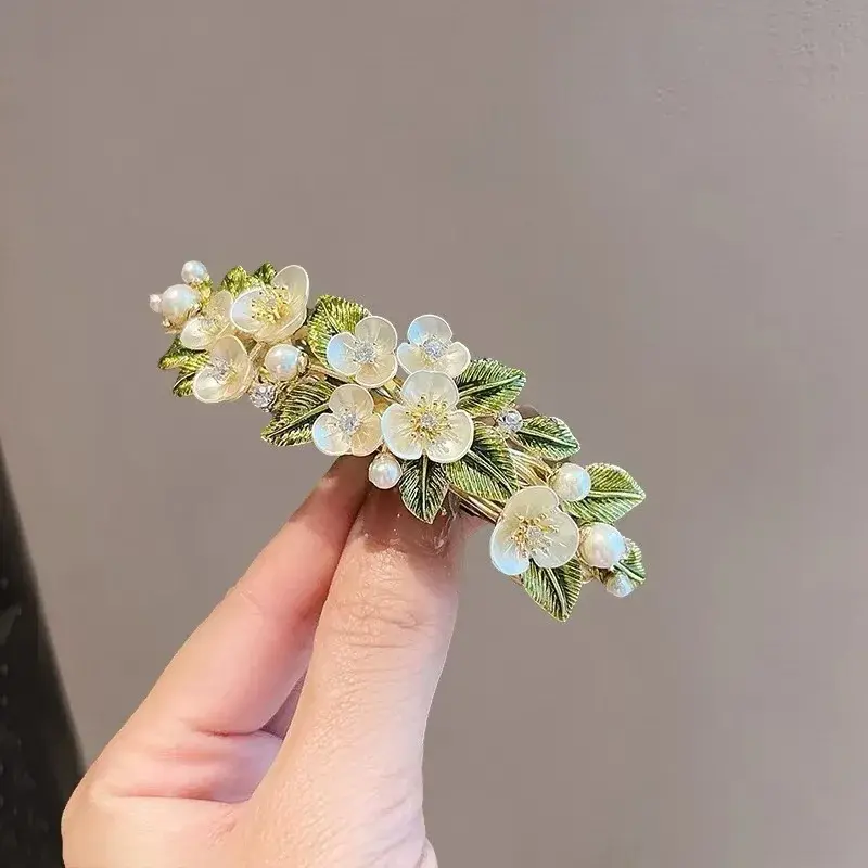 Spring New Pearl Shell Flower Women Top Clip Horizontal Hair Card Medium Rhinestone Spring Clamp Elegance Tail Clip