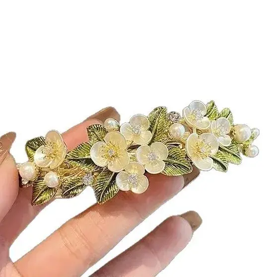 Spring New Pearl Shell Flower Women Top Clip Horizontal Hair Card Medium Rhinestone Spring Clamp Elegance Tail Clip