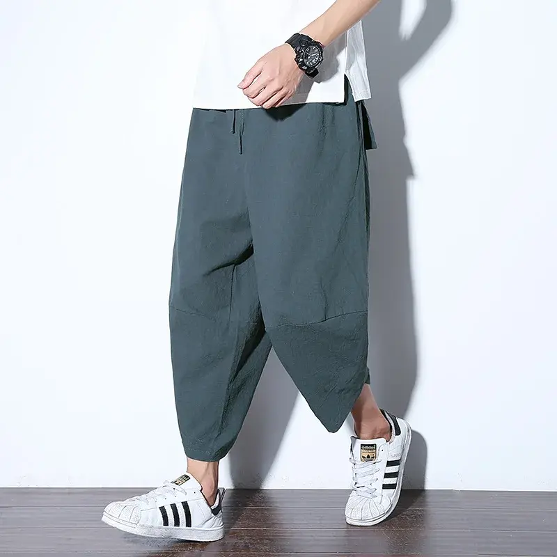Loose Men's Linen Seven-Foot Pants Casual Harlan Shorts Beachwear Wide-Leg Carrot Pants Summer Chinese Style Loose plus Size