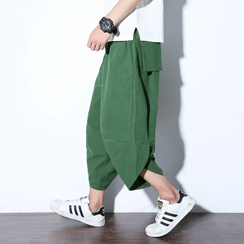 Loose Men's Linen Seven-Foot Pants Casual Harlan Shorts Beachwear Wide-Leg Carrot Pants Summer Chinese Style Loose plus Size