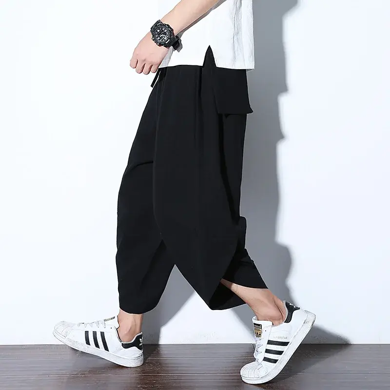 Loose Men's Linen Seven-Foot Pants Casual Harlan Shorts Beachwear Wide-Leg Carrot Pants Summer Chinese Style Loose plus Size