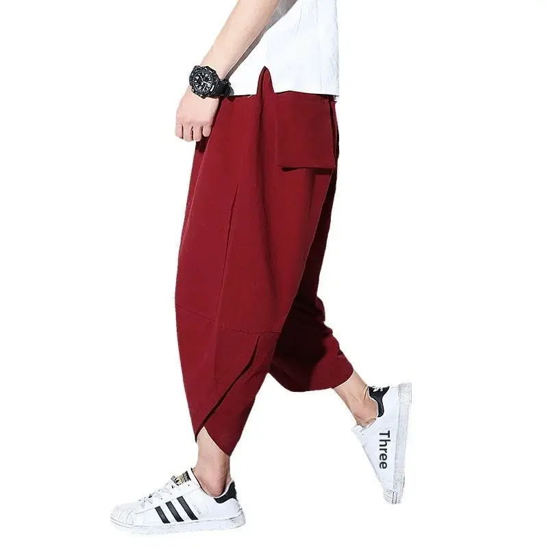 Loose Men's Linen Seven-Foot Pants Casual Harlan Shorts Beachwear Wide-Leg Carrot Pants Summer Chinese Style Loose plus Size