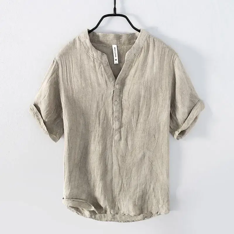 Fashionable Casual Men's Short Sleeve Summer Vintage Linen T-shirt V-stand Collar Breathable Distressed Wrinkled Solid Color Top